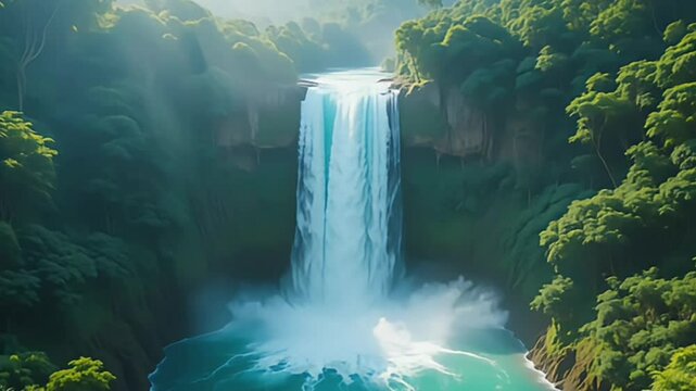 Sunlight filtering through the lush rainforest canopy illuminates the majestic waterfall cascading into a vibrant turquoise pond.