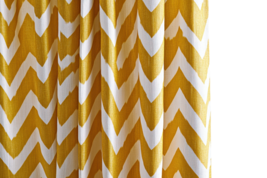 Vibrant chevron-patterned curtain fabric in yellow and white adds style to any room decor