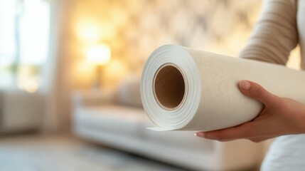 Contemporary home decor with paintable wallpaper in woman's hands for interior design inspiration.