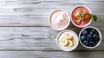 Assortment of bowls, with yogurt and fruit, on a wooden background.