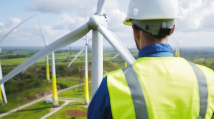 A close-up of a renewable energy technician inspecting wind turbine blades on a wind farm, with turbines and renewable energy infrastructure in the background, Wind turbine inspection scene