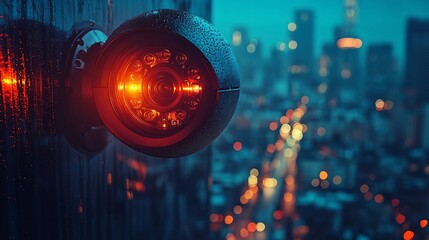 Urban Surveillance: A Nighttime View of a Security Camera in a Rain-Soaked City