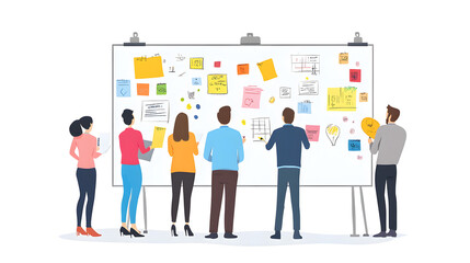 Group of colleagues planning a project on a large whiteboard, teamwork