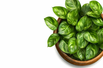 Lush green plant in brown pot, top view, white background; ideal for home decor websites or blogs