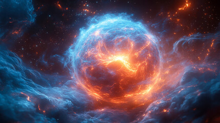 Obraz premium A fiery blue and orange plasma sphere floating amidst cosmic clouds, showcasing energy and power in a surreal space setting