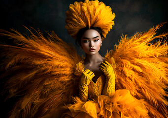 Elegant Yellow Angel in High-Fashion Feather Dress with Dramatic Wings"