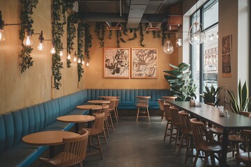 A modern cafe boasts teal booths, wooden chairs, hanging plants, warm lighting, and artwork. Long tables and a window view enhance the stylish ambiance.