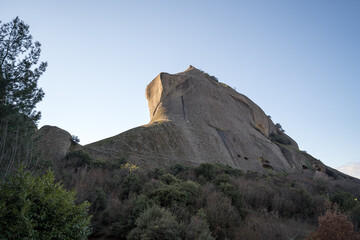 Early morning view during sunrise of the rock formation complex The Rocks of Agia in Kalambaka, Meteora, Thessaly, Greece, Europe.