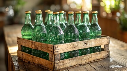 Wooden crate filled with green glass bottles.