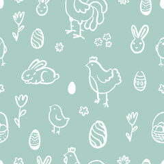 Simple Hand Drawn Easter Ornament. Easter Seamless Pattern with Bunnies, Eggs, and Chicks on Mint Background.