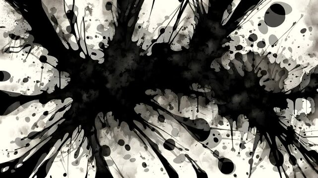 Abstract black ink splatter on a light background, creating a dynamic and artistic visual effect.