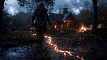 A lone wanderer's journey through a mystical forest path illuminated by an ethereal glow, leading towards a distant, dimly lit cabin.