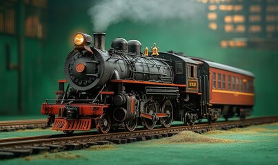 Obraz premium Vintage steam train model, puffing smoke.