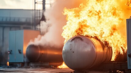 Intense industrial fire engulfs large fuel tanks amidst factory background.