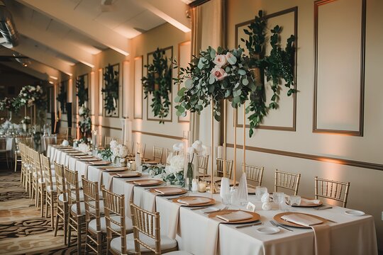 Long wedding reception table with gold chiavari chairs, elegant floral centerpieces, and greenery wall decor. Neutral beige tablecloth and copper chargers.