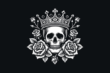  Engraved skull in crown surrounded by roses, vintage etching design