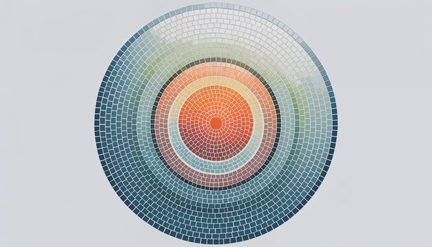 Circular mosaic background with colorful concentric circles, deep blue to light blue transition, innermost circle in orange, white background