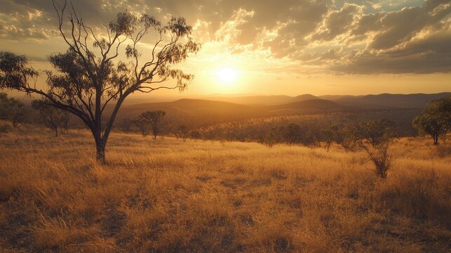 Golden australian outback sunset with tree and rolling hills.