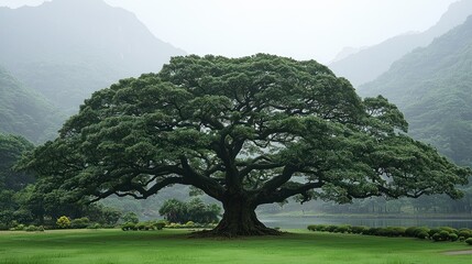 Majestic Ancient Tree in Serene Mountain Landscape