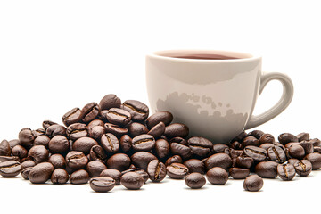 Naklejka premium Freshly Roasted Coffee Beans Piled Next to a Cup of Hot Brewed Coffee