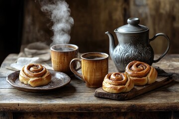 Warm cinnamon rolls and steaming cups create cozy, inviting atmo