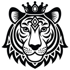 Tiger head logo with crown in black and white silhouette vector isolated on white background