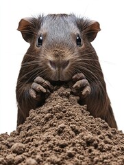 Fototapeta premium Curious Guinea Pig Digging in Dirt Pile on White Background for Educational Content