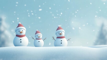 Fototapeta premium Snowman family winter snow scene, festive holiday card