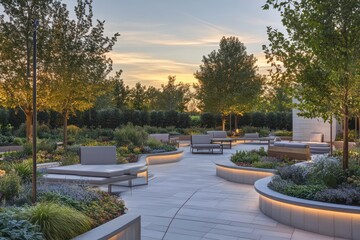 A wellness center outdoor space with serene seating areas, lush landscaping, and soft natural lighting