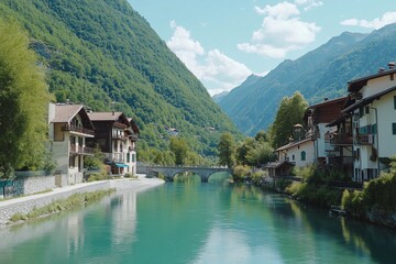 Fototapeta premium Alpine village river, bridge, mountain view, travel postcard