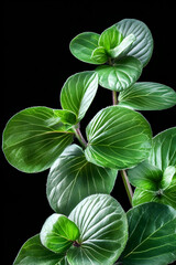 Lush green tropical plant leaves, studio shot against black background. Ideal for home decor, botanical prints, or website design