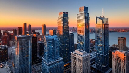 Fototapeta premium Business skyscrapers towering in the Financial District, showcasing modern architecture and the bustling urban landscape of a financial hub.