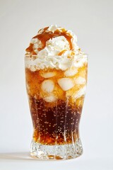 Frosty beverage topped with whipped cream and caramel, served in
