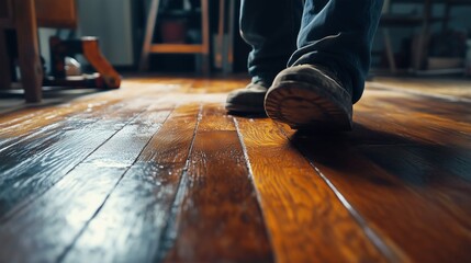 Fototapeta premium Contractor sanding and refinishing a hardwood floor, showcasing the detailed craftsmanship and dedication to restoration and renovation of wooden surfaces.