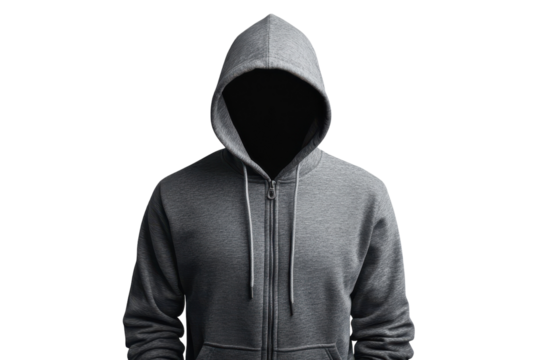 Mysterious figure in gray hoodie with concealed identity stands against a white backdrop