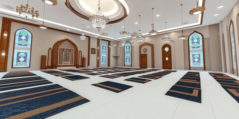 Spacious Prayer Hall Interior with Ornate Chandeliers and Stained Glass Windows