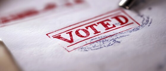 A close-up of a 'Voted' stamp on a ballot paper, symbolizing civic engagement and the importance of voting in democratic societies. Ensure your voice is heard in every election.