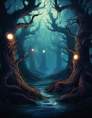 Generated image A haunted forest scene with twisted trees and glowing eyes