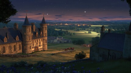 Serene Evening at a Countryside Castle Overlooking a Village Under a Starry Sky