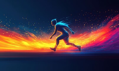 Naklejka premium Abstract figure running through vibrant, fiery landscape.