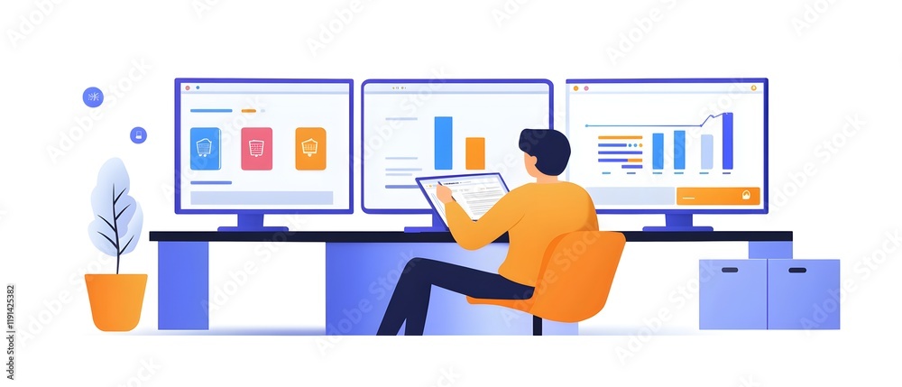 Poster a focused individual analyzes data and graphics on multiple computer screens