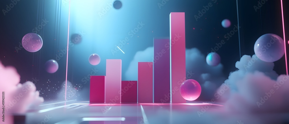 Poster a futuristic digital visualization showcasing a bar graph with vibrant colors, representing data ana