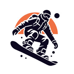 Fototapeta premium A modern graphic illustration of a snowboarder in motion with a vibrant sunset background, ideal for adventure and winter sports themes. Isolated vector illustration.