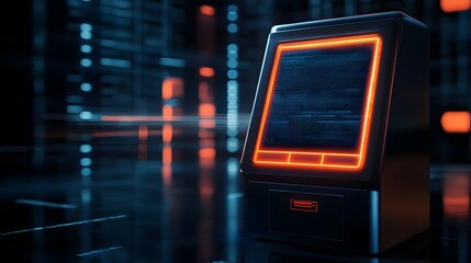 Obraz premium A futuristic kiosk design with vibrant orange accents against a dark, digital backdrop