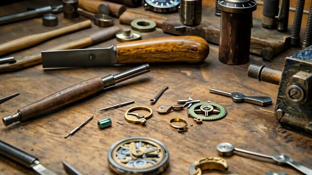 Exploration of vintage tools and watch components on a wooden workbench in a crafting workshop