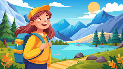 Happy tourist girl with a big yellow backpack enjoys the view of the mountain lake in sunny weather. The concept of hiking, travel, vacation. Active