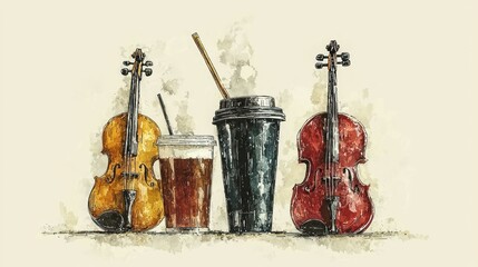 Coffee Break Melodies: A Watercolor Symphony of Violins and Coffee
