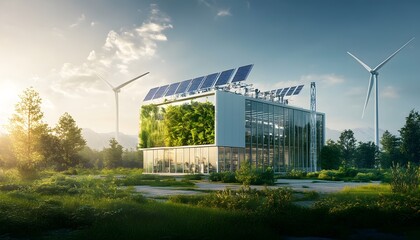 Obraz premium A modern eco-friendly building featuring solar panels and wind turbines, surrounded by lush greenery