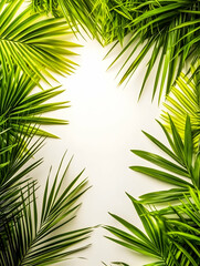 Fototapeta premium Lush tropical palm leaves frame a bright background, ideal for summer travel brochures or vacation advertisements