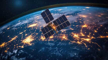 Satellite Orbiting Earth with City Lights Below - Space Exploration and Communication